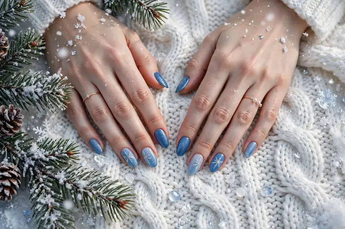Blue winter nails flat lay with white knit, pine branches and snowflakes