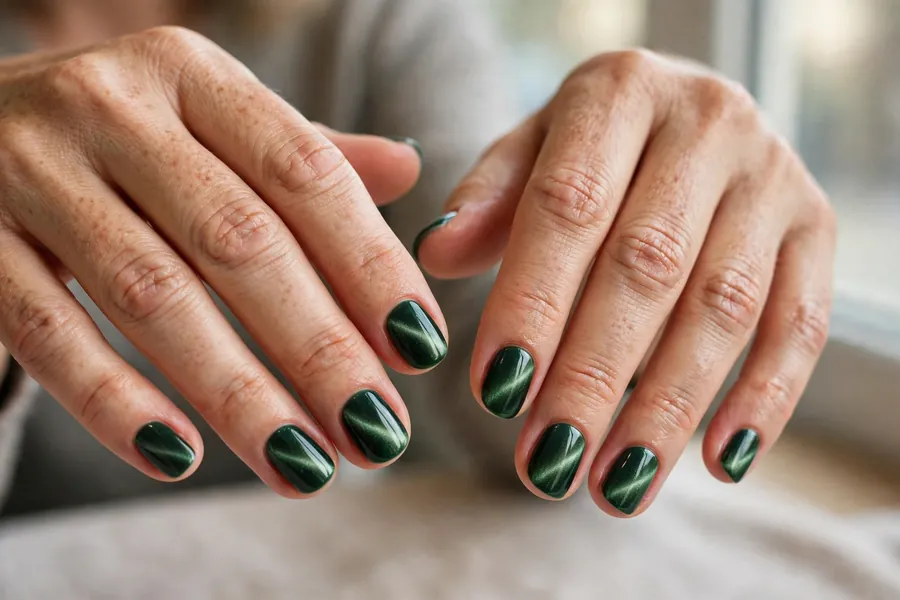 Emerald green velvet cat-eye nails on elegant hands