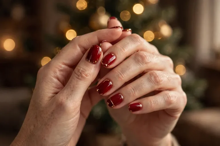 Festive december nail ideas collage on real hands with holiday manicure designs