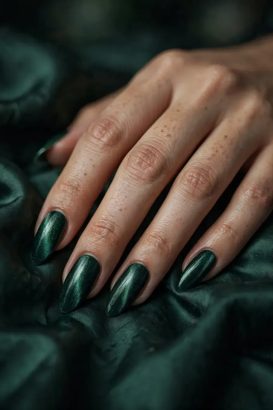 Plush velvet nail ideas in jewel tones on real hands
