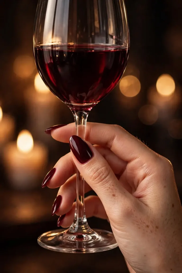 Rich burgundy nail ideas in wine shades on real hands