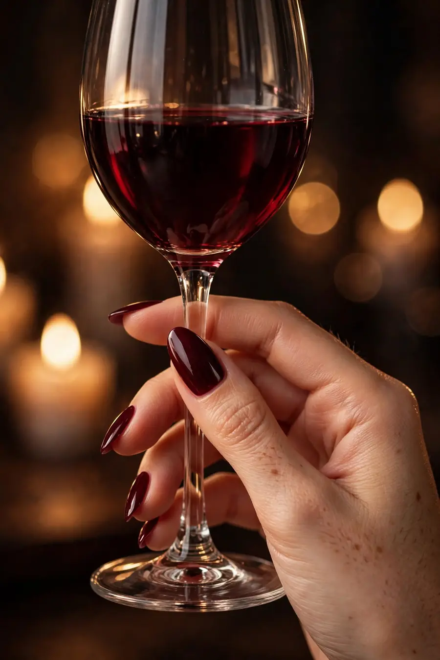 Rich burgundy nail ideas in wine shades on real hands