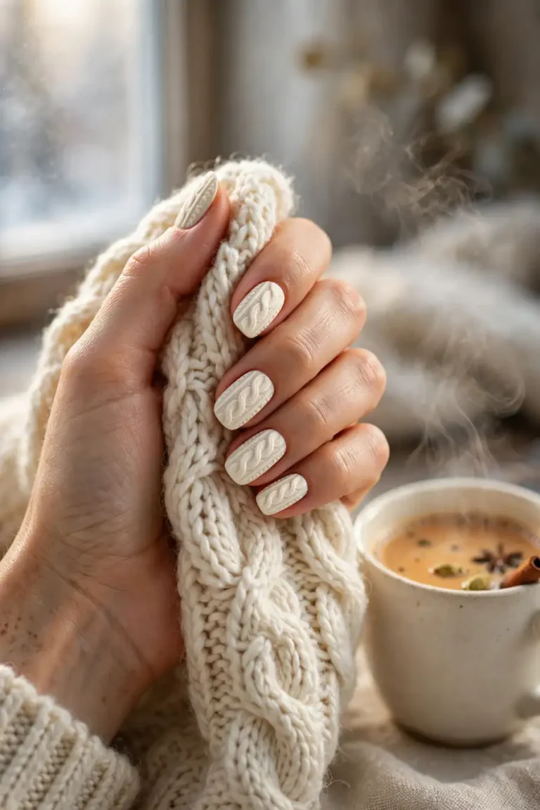 Cozy sweater knit nail ideas with cable knit texture on real hands