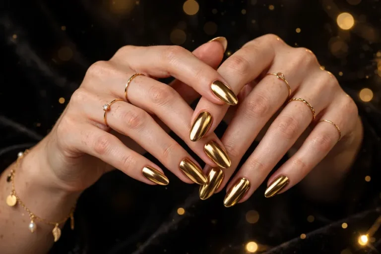 Two hands with molten gold mirror chrome nails and gold jewelry