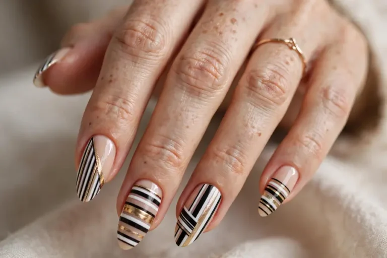 Almond nails stripes with graphic black pinstripe line art on real hands