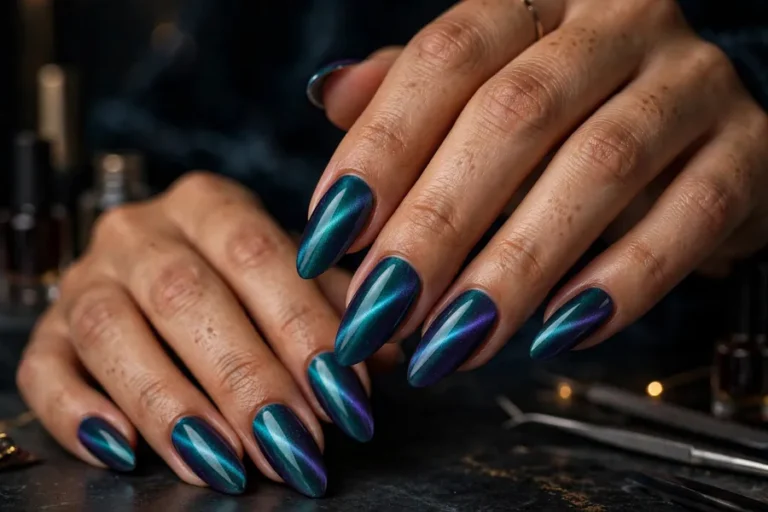 Teal-to-violet two tone cat eye nails with glowing magnetic shimmer band on real hands