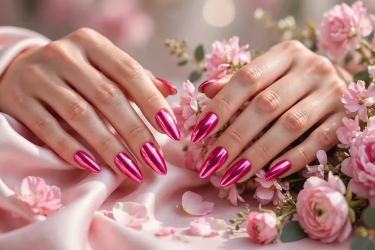 Long almond nails in electric fuchsia mirror chrome on real hands
