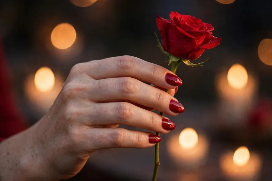 Romantic valentine's day nails with red hearts on real hands
