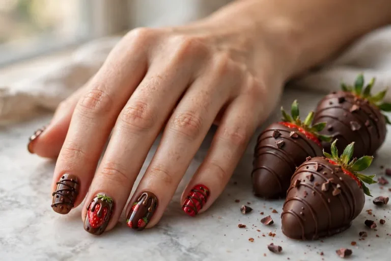 Hand with chocolate covered strawberry nail art resting beside real chocolate-covered strawberries