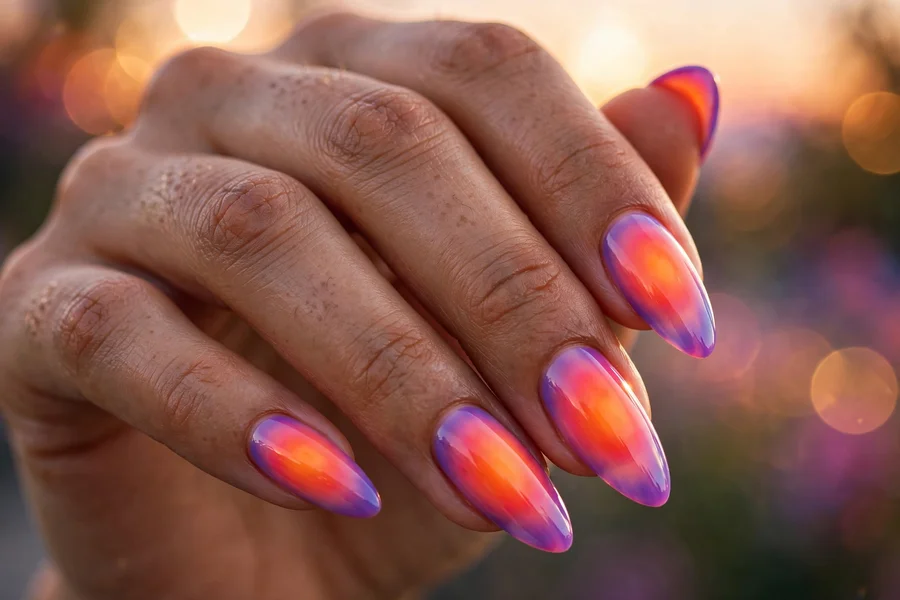 Dreamy aura nails with sunset airbrushed gradients on real hands