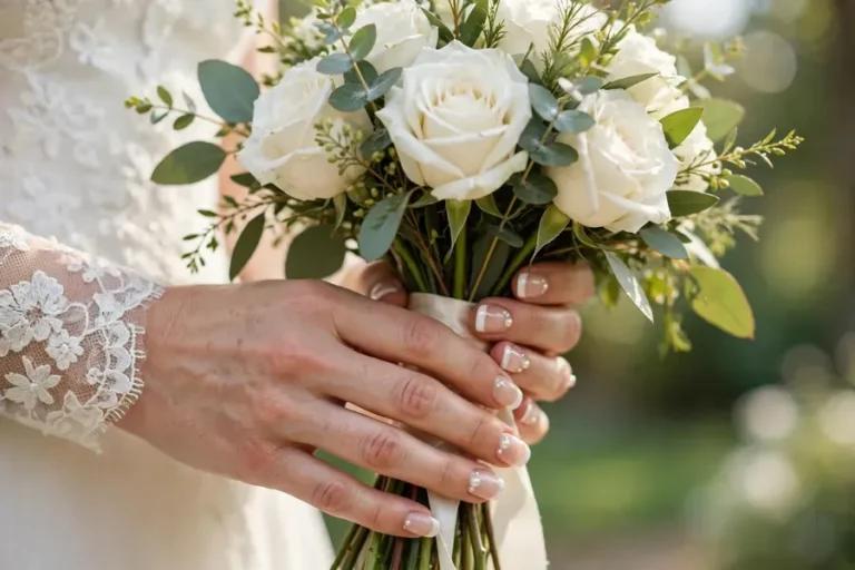 Elegant bridal nails on real hands with wedding manicure