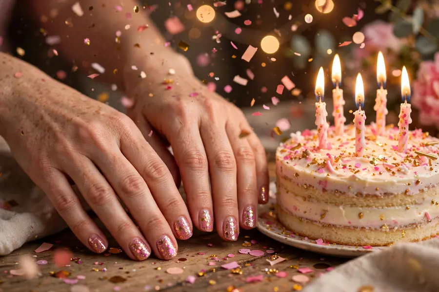 Fun birthday nails on real hands with party manicure
