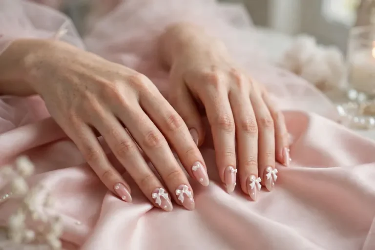 Soft romantic coquette nails on real hands with satin bow details