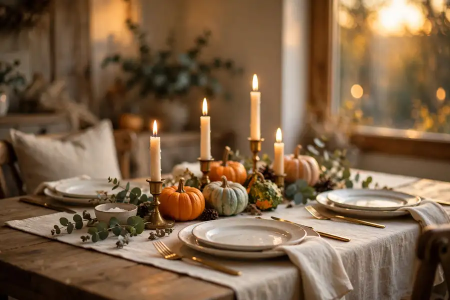 Cozy thanksgiving table decor with lit candles, pumpkins and fall florals on a styled dining table