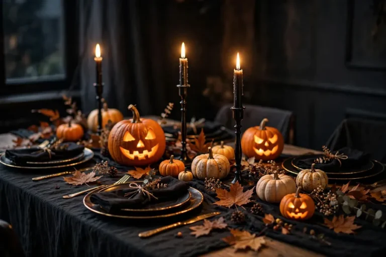 Spooky-chic Halloween party table with jack-o-lanterns, candles and black and orange decorations