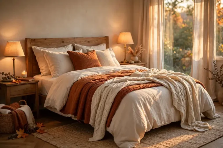 Cozy fall bedroom decor with warm bedding, knit throw and candlelight