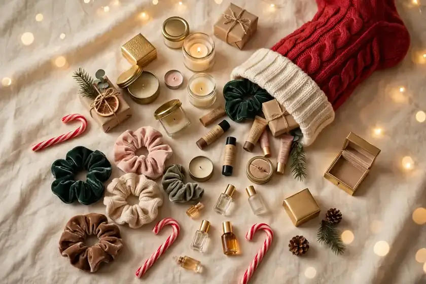 Christmas stocking overflowing with cute small gifts, beauty minis and jewelry boxes