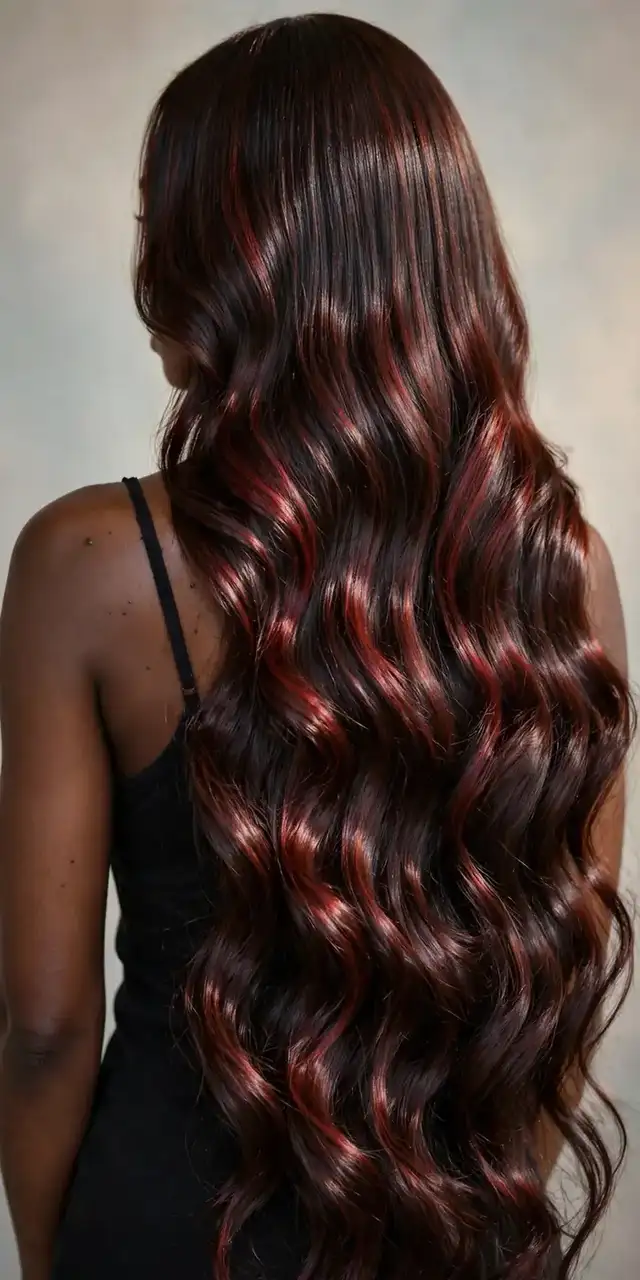 Cherry cola brunette hair color with deep cherry red shine on long glossy hair