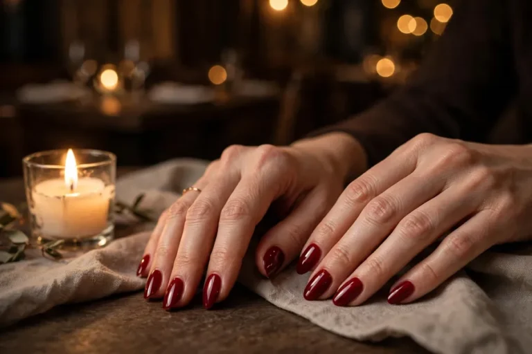 Crimson red glossy date night nails on real hands by candlelight in a romantic restaurant
