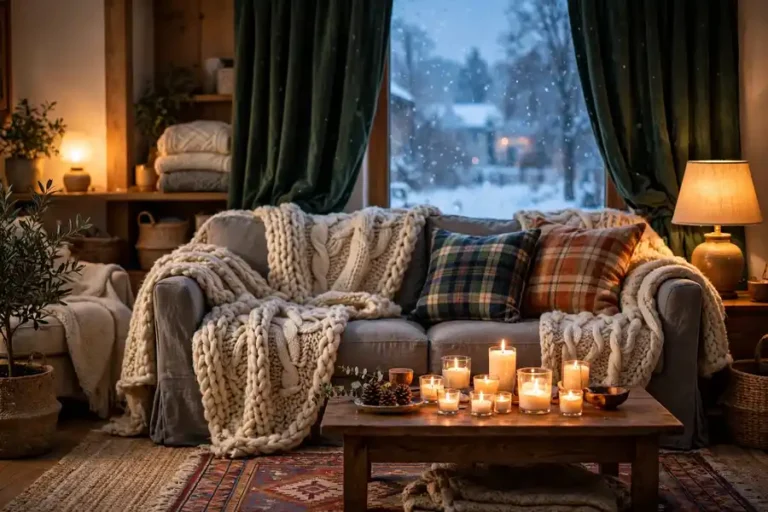 Cozy winter living room with sofa, knit throws, plaid cushions, warm lamps and candles glowing in the evening