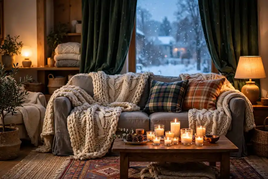 Cozy winter living room with sofa, knit throws, plaid cushions, warm lamps and candles glowing in the evening