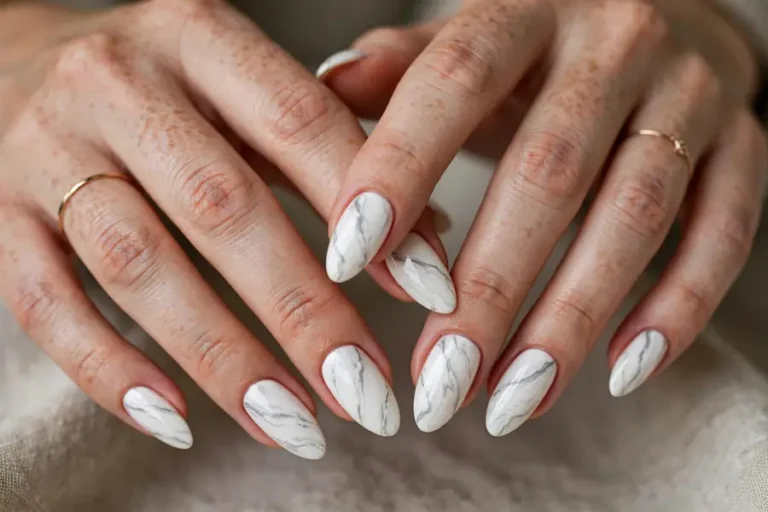White marble nails with fine grey veining on almond-shaped nails