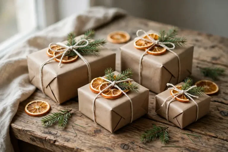Christmas gifts wrapped in brown kraft paper with twine, dried orange slices and pine sprigs on a wooden table in soft natural light