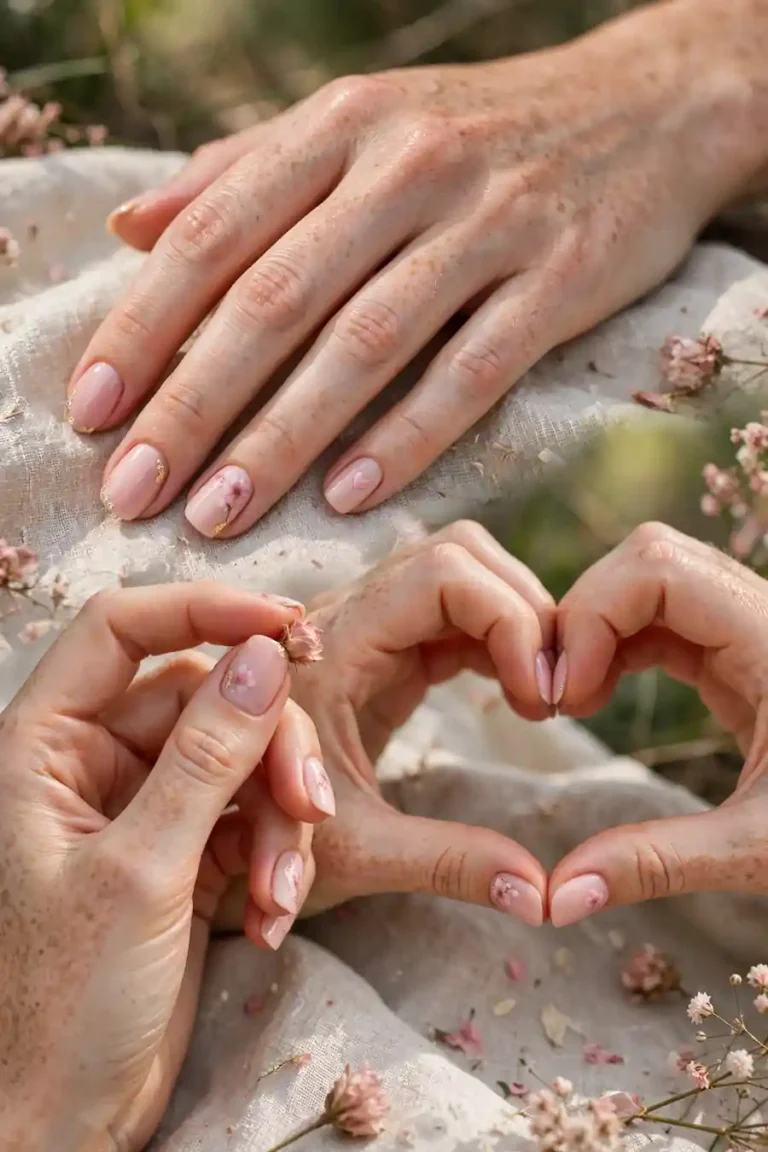 Blush nails collage of soft romantic pink manicures on real hands