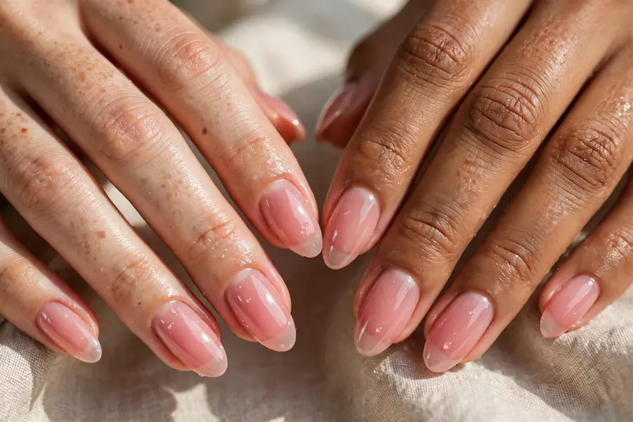 Close-up of real hands with sheer glossy pink lip gloss nails in juicy high-shine finish