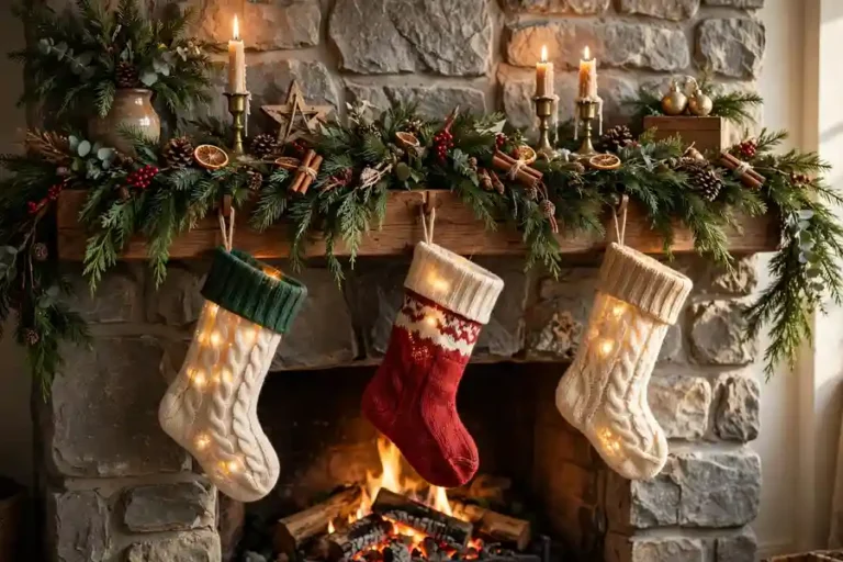Cozy Christmas fireplace mantel with evergreen garland, glowing stockings and lit taper candles