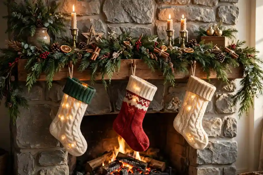 Cozy Christmas fireplace mantel with evergreen garland, glowing stockings and lit taper candles