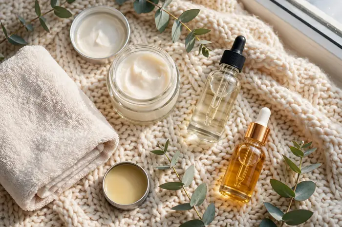 Winter skincare routine flat lay with moisturizer, serum, facial oil and lip balm on a cream knit blanket