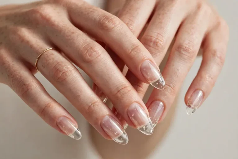 Sheer translucent glass nails on real hands, clear glossy jelly manicure