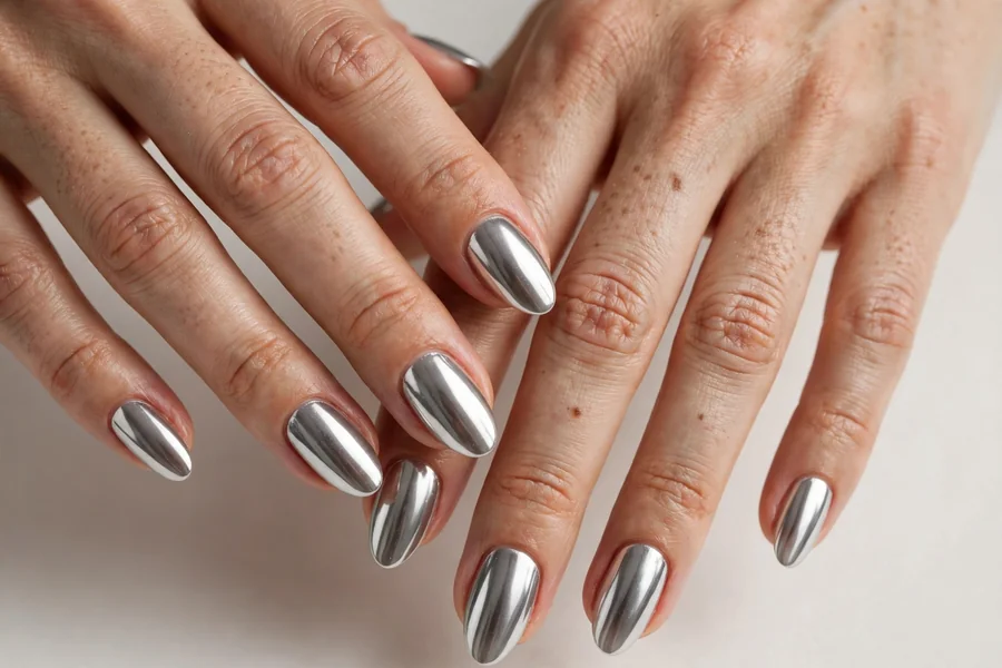 Mirror shine silver chrome nails on real hands