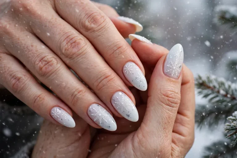 Elegant winter nails with white snowflake art on a soft icy blue background on real hands