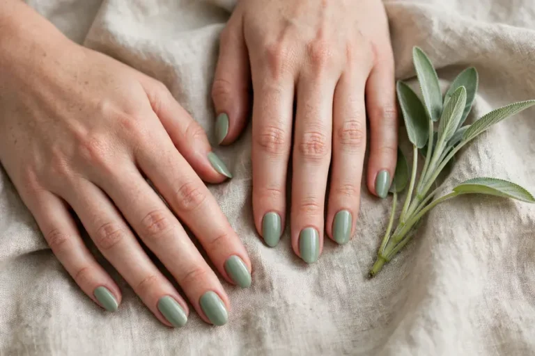 Sage green nails on real hands