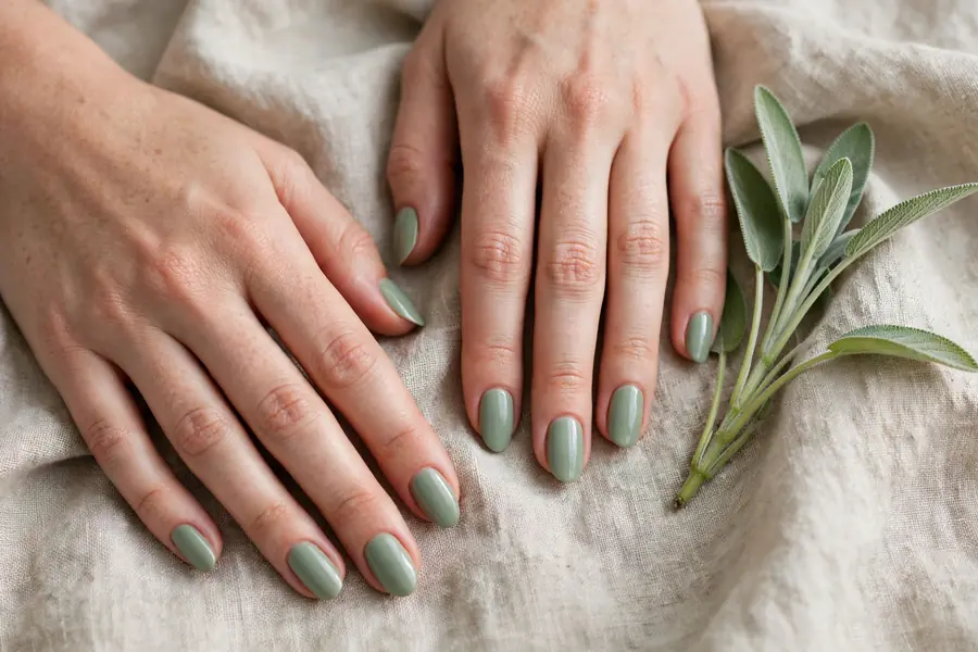 Sage green nails on real hands
