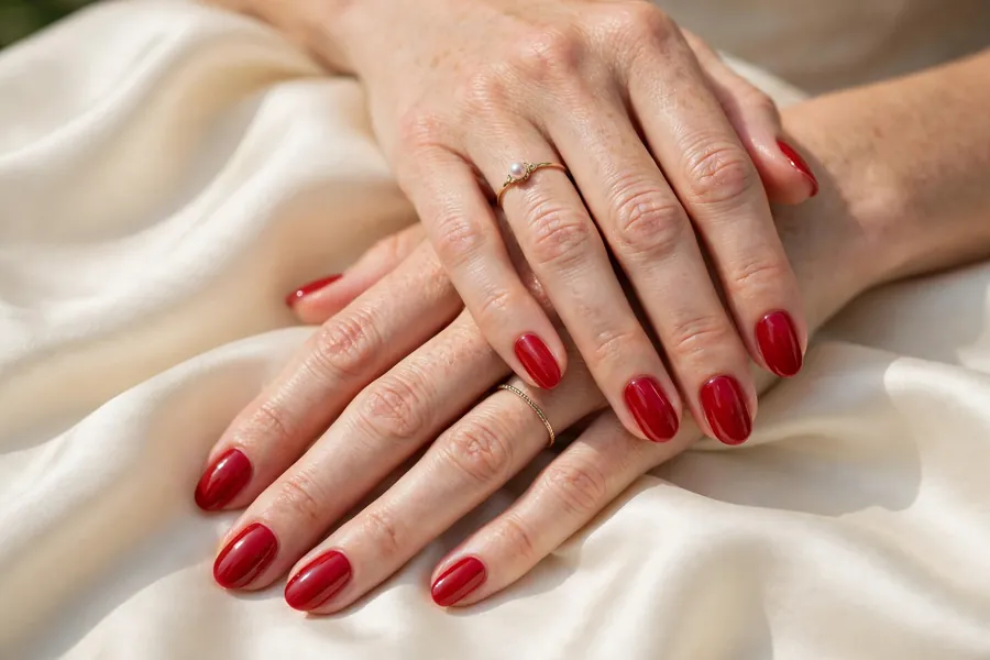 Glossy classic red oval nails on real hands against cream silk