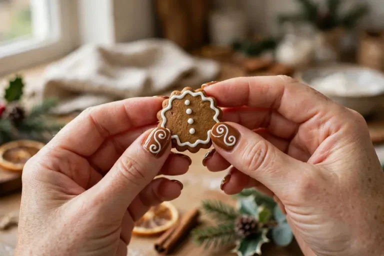 Warm gingerbread brown nails with white icing swirls holding a gingerbread cookie on real hands