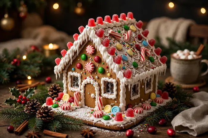 Photorealistic photograph of a festive gingerbread house covered in colorful candies and white icing snow on a Christmas table