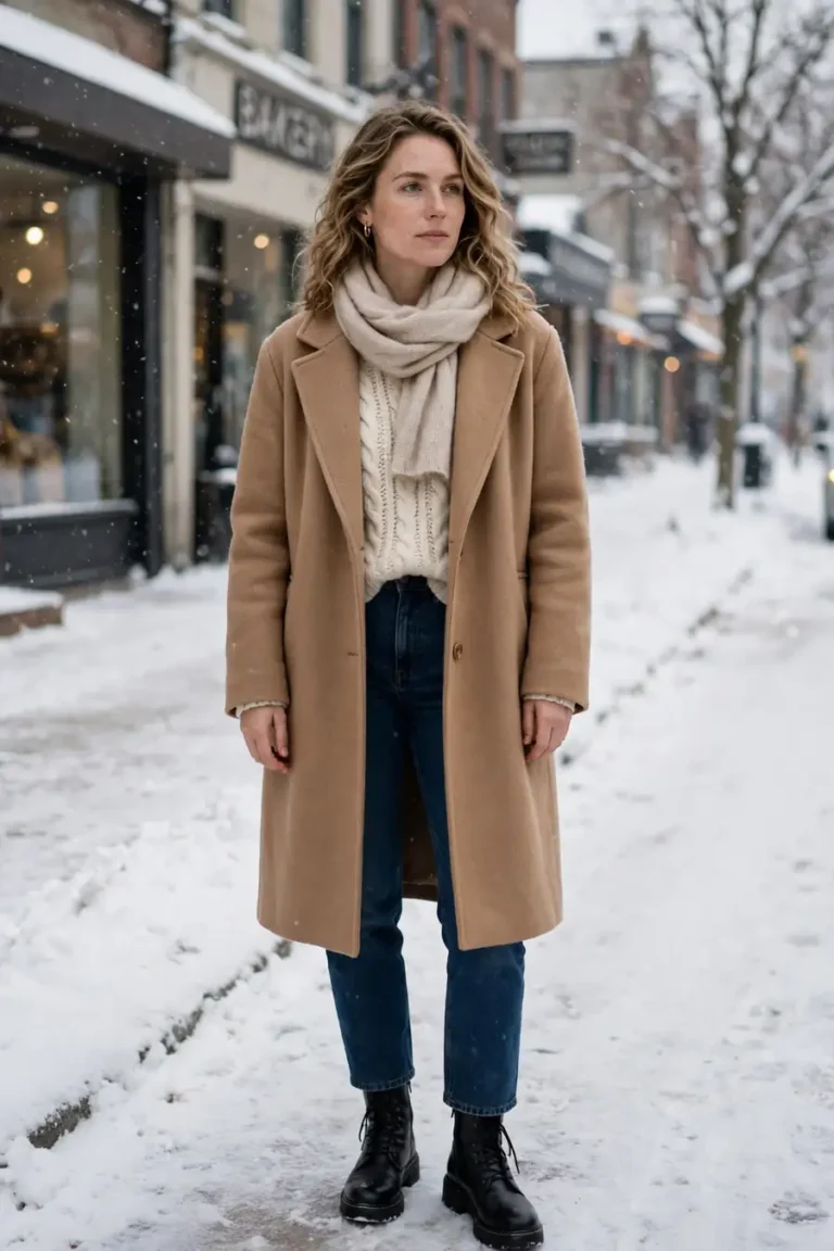 Woman in a cream chunky knit sweater and camel wool coat with a scarf on a snowy winter street