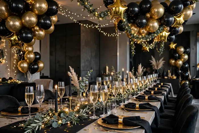 Glamorous New Year's Eve party room decorated with gold and black balloons, fairy lights and champagne glasses