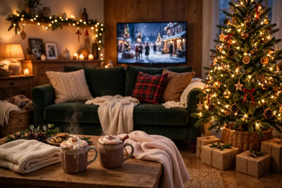 Cozy Christmas movie night living room with glowing tree, blankets, and hot cocoa