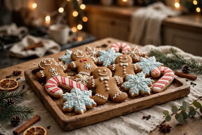 Tray of beautifully decorated Christmas cookies, gingerbread men, snowflakes and candy cane cookies with royal icing, on a cozy kitchen table