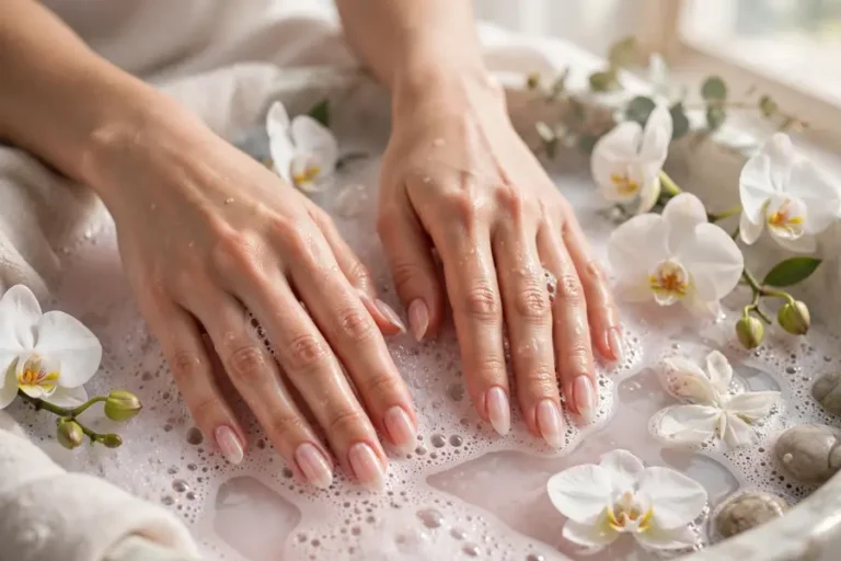 Sheer pink bubble bath nails manicure inspiration on real hands in a spa setting