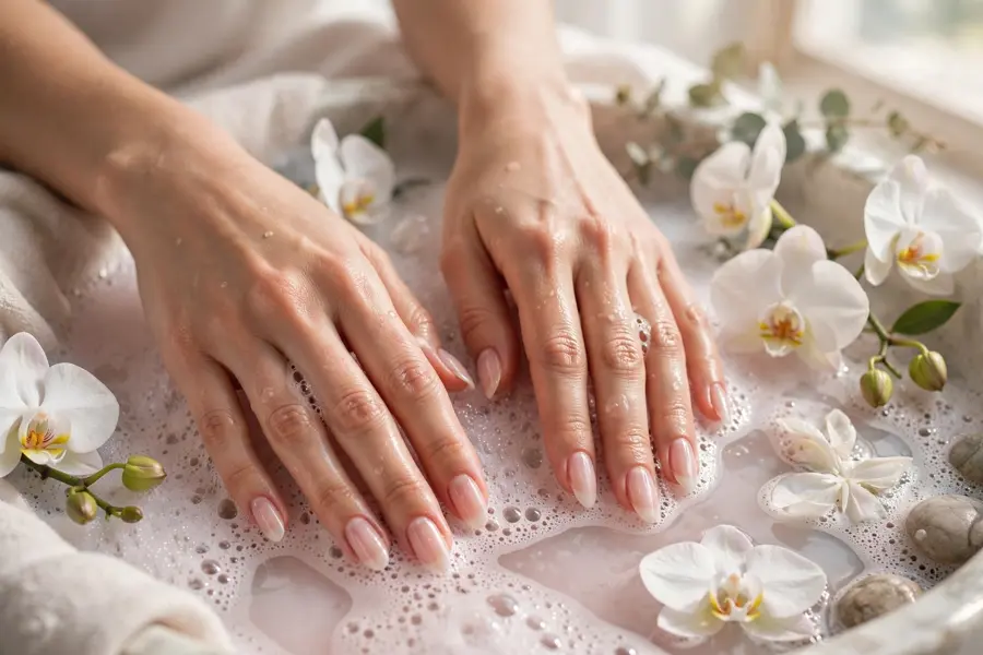 Sheer pink bubble bath nails manicure inspiration on real hands in a spa setting