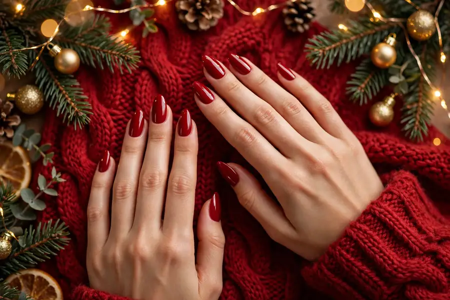 Red Christmas nails flat lay with pine branches, gold ornaments and fairy lights