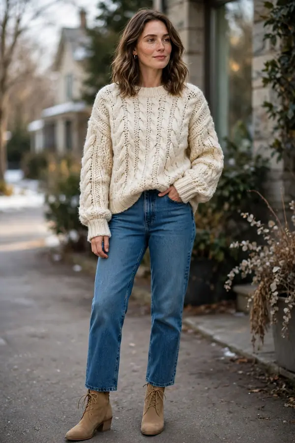Woman wearing a cream chunky knit sweater with straight-leg jeans and tan ankle boots
