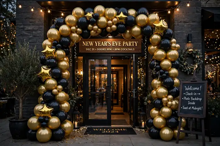 Gold and black balloon arch framing a New Year's Eve party entrance