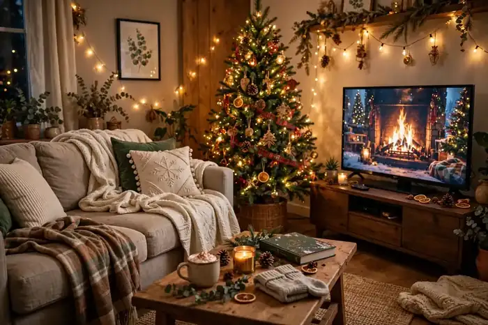 Cozy living room decorated for Christmas with a television glowing and blankets on the sofa